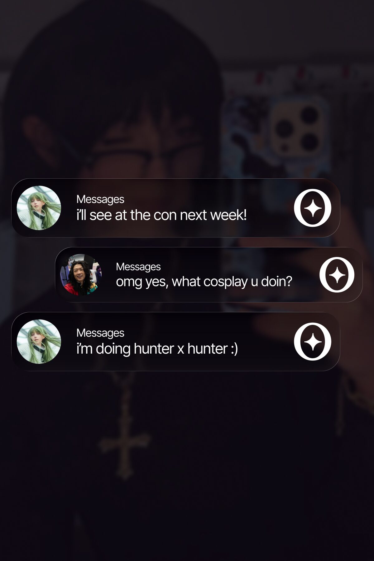 A cosplayer beside a Co-Splay message conversation about meeting at a convention